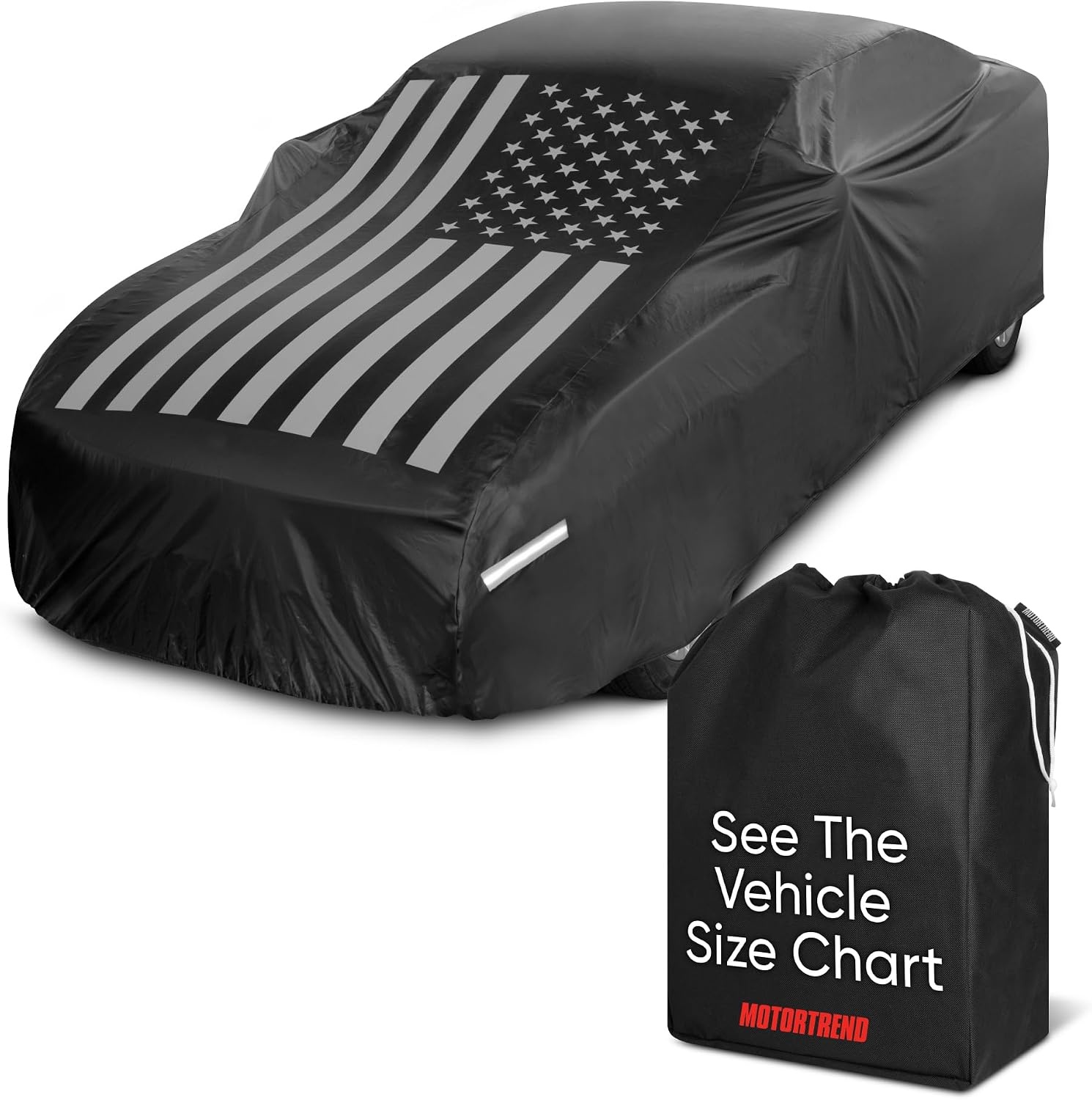 image:imageMotor Trend Black USA Flag Waterproof Car Cover All Weather Outdoor Protection UV Resistant Windproof Scratchproof SemiUniversal Fit Sedan Full Car Cover for Sun Rain Snow 171 190 LengthBlack Flag Up to 210